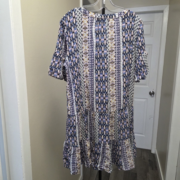 LOFT Blue Boho Print Flutter Sleeve Tiered Dress | V-Neck Flowy Mini - Picture 6 of 6